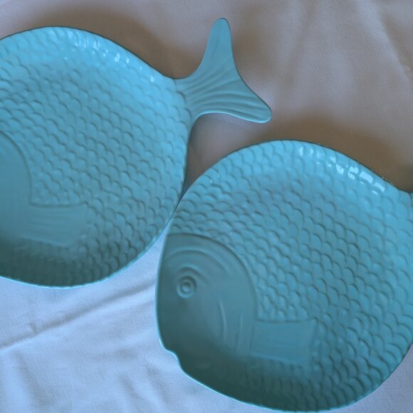 2 Sigrid Olsen Melamine Teal Mint Blue Large Fish Shaped Serving Platters Kitsch - Picture 4 of 13